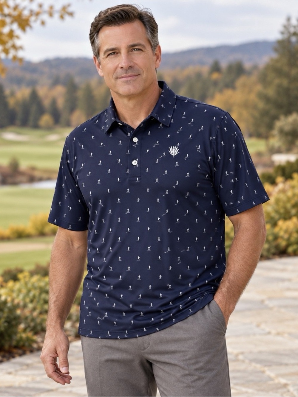 KJUS Sotto Polo Mens Large Navy Skier Print Stretch Golf Shirt Embroidered